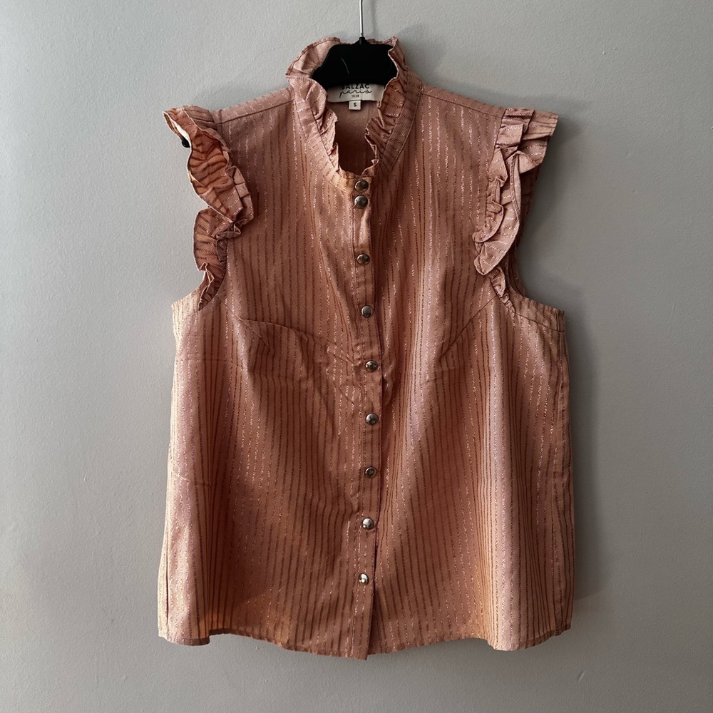 Elegant Ruffled Button Down Shirt in Shimmering Brown